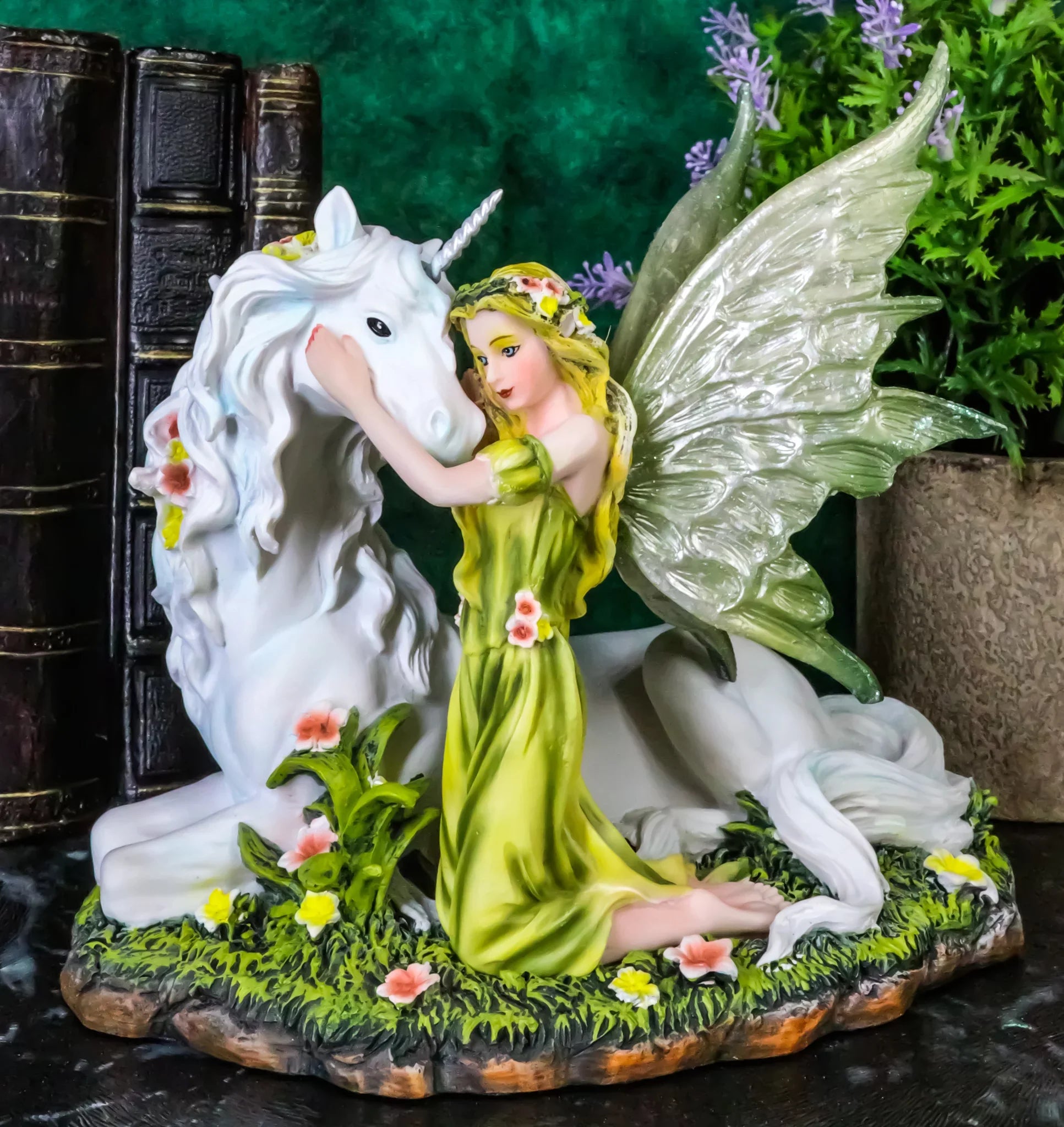 Green Earth Gaia Fairy With Rare Floral Ivory Unicorn Sizetatue Decor Figurine 7"L