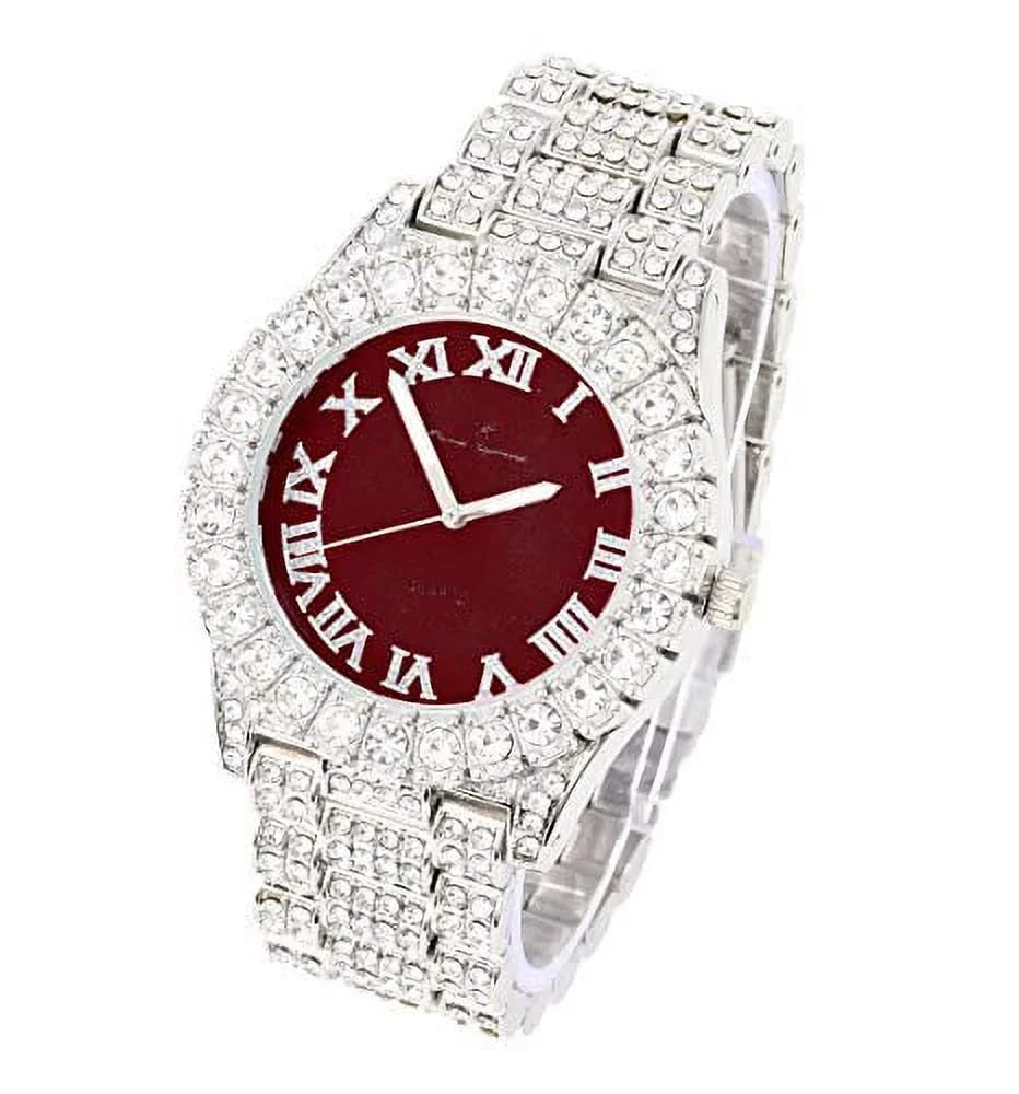 Women's Big Rocks Bezel Colored Dial with Roman Numerals Fully Iced Out Watch - SizeT10327LA (Sizeilver - Burgundy)