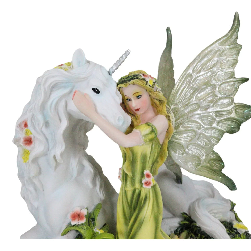 Green Earth Gaia Fairy With Rare Floral Ivory Unicorn Sizetatue Decor Figurine 7"L