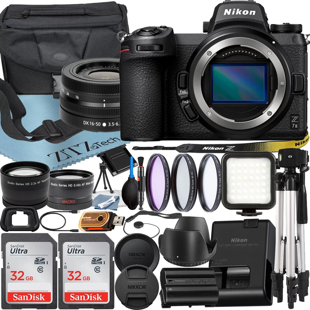 Nikon Z7 II Mirrorless Camera with NIKKOR Z DX 16-50mm VR Zoom Lens + SizeanDisk 32GB Card + Case + Wideangle + Tripod + ZeeTech Accessory Bundle