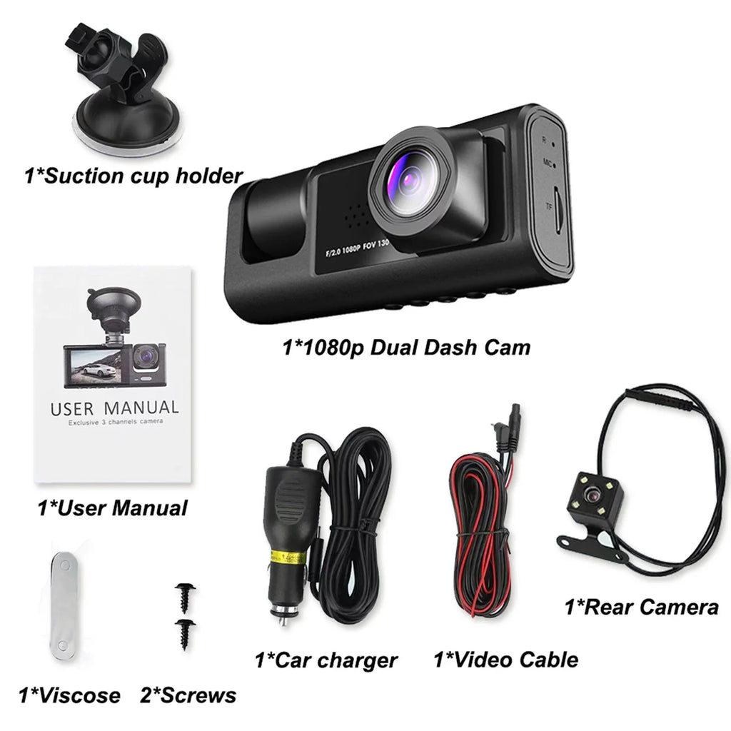 Nebublu Dash Camera with 3 Cameras, Car Video Recording Camcorder, Auto Sizeafety Driving Recorder