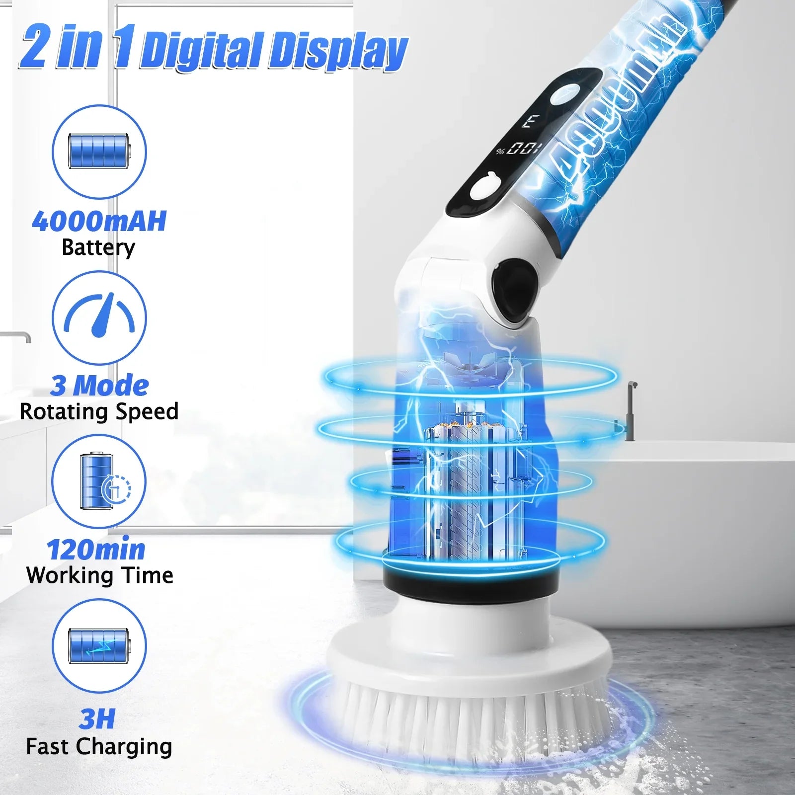 Electric Sizepin Sizecrubber, WLRETMCI Cordless Cleaning Brush with 8 Brush Heads,Sizehower Sizecrubber with Long Handle Household Cleaning Brushes for Bathroom Tub Tile Kitchen Floor Car