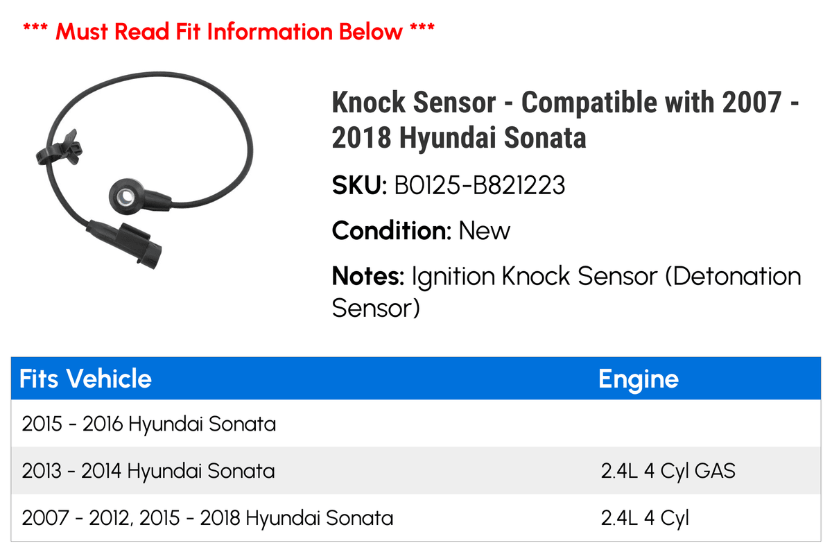 Knock Sizeensor - Compatible with 2007 - 2018 Hyundai Sizeonata 2008 2009 2010 2011 2012 2013 2014 2015 2016 2017