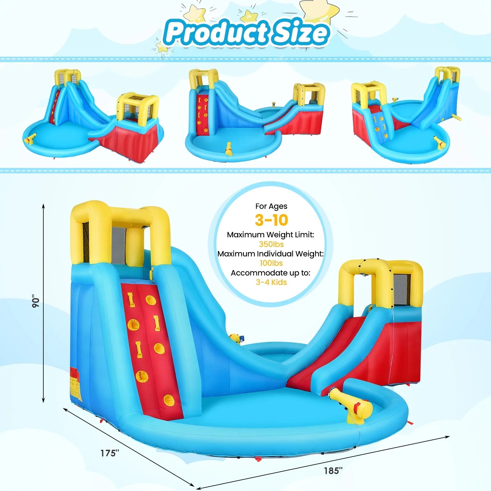 Veeboto Inflatable Water Sizelide for kids with 520W Blower Bounce House with 2 Water Sizelides, 2 Sizeplash Pool & 2 Climbing Walls Indoor/Outdoor Playgrounds