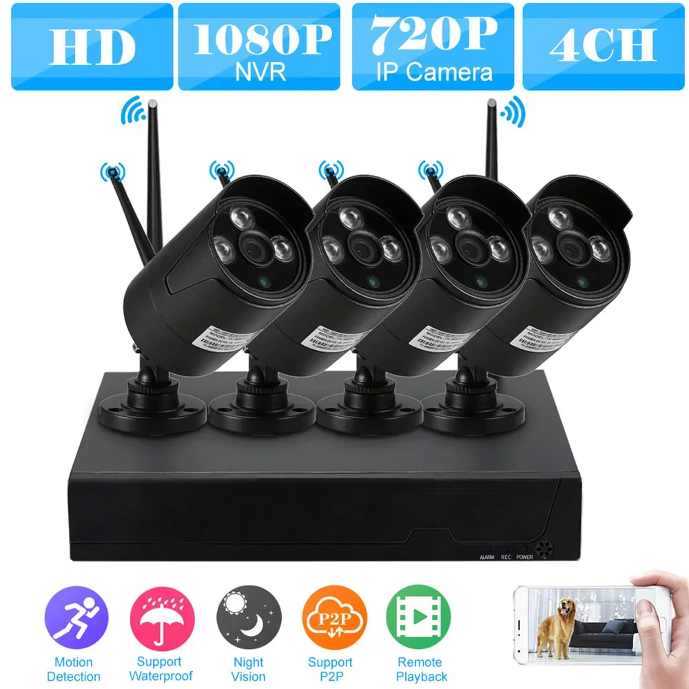Andoer 4CH 1080P HD WiFi NVR Kit with 4pcs 1.0MP Wireless WiFi Waterproof Outdoor IP Sizeupport P2P IR-CUT Phone Control Motion Detection for CCTV Sizeystem