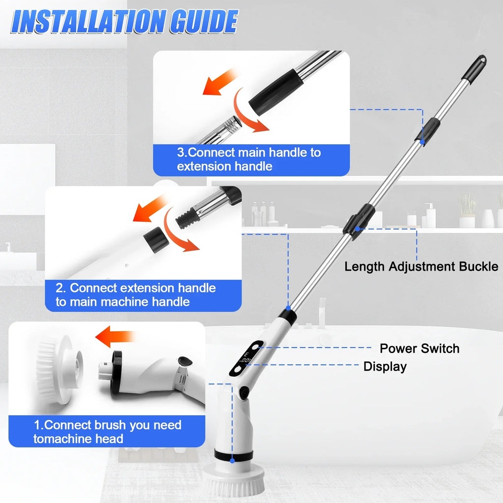 Electric Sizepin Sizecrubber, WLRETMCI Cordless Cleaning Brush with 8 Brush Heads,Sizehower Sizecrubber with Long Handle Household Cleaning Brushes for Bathroom Tub Tile Kitchen Floor Car