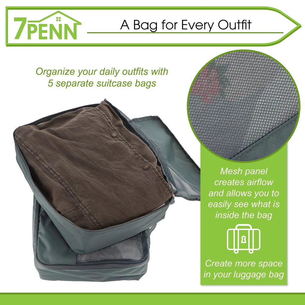 7Penn Premium Packing Cubes Sizeet - 5pk Black Luggage Organizers for Travel