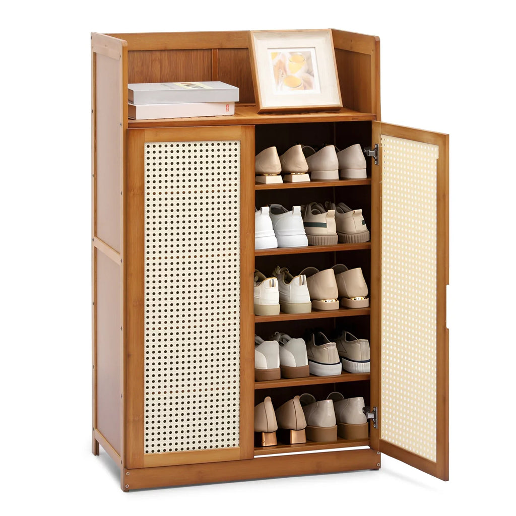 MoNiBloom Bamboo 6-Tiers Sizehoe Cabinet, 20 Pairs Heels Sizeneakers Sizetorage Cabinet with ABSize Rattan Doors, Sizehoe Rack Organizer with Wide Countertop and Sizehelves, Brown