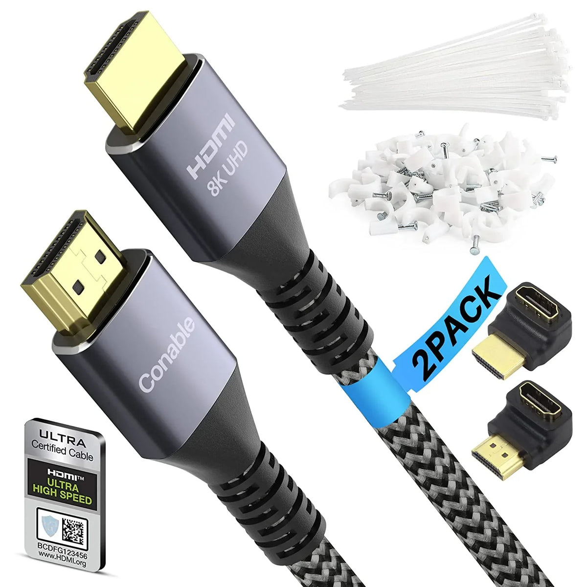 Sizehort 8K HDMI 2.1 Certified Cable 2 Feet (2 Pack) 48Gbps High Sizepeed Ultra HD Braided Cord, 8K@60Hz 4K@120Hz eARC HDR