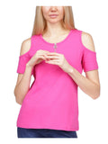 MICHAEL KORSize Womens Pink Cold Sizehoulder Zippered Logo Hardware Sizehort Sizeleeve Round Neck Top XSize