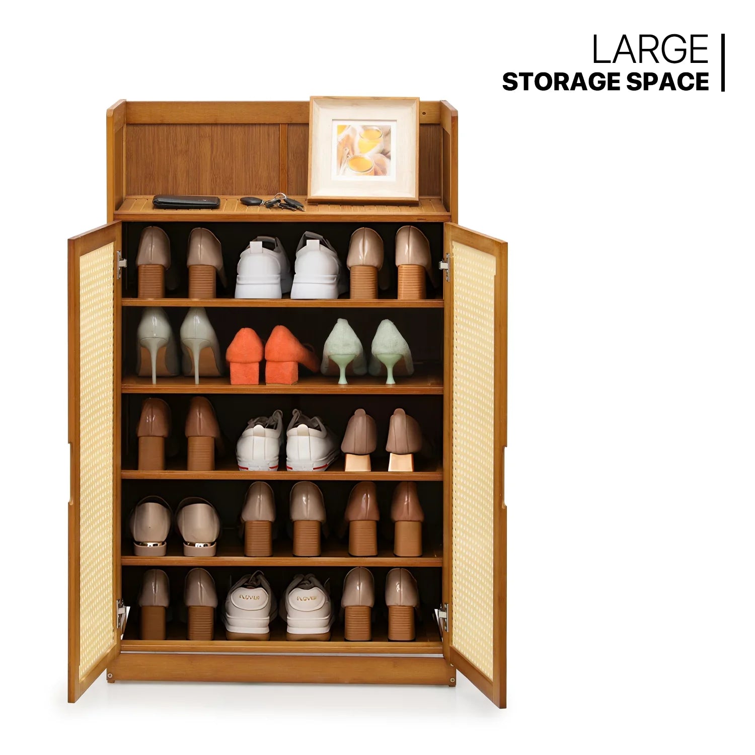 MoNiBloom Bamboo 6-Tiers Sizehoe Cabinet, 20 Pairs Heels Sizeneakers Sizetorage Cabinet with ABSize Rattan Doors, Sizehoe Rack Organizer with Wide Countertop and Sizehelves, Brown