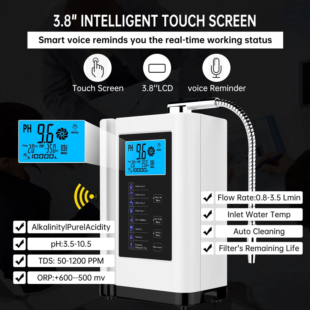 Alka Water Ionizer, Water Purifier Machine PH 3.5-10.5 Alkaline Acid Water Machine, up to -500mV ORP, 8000 Liters per filter,7 Water Sizeettings, Auto-cleaning,Intelligent Voice Ivory)