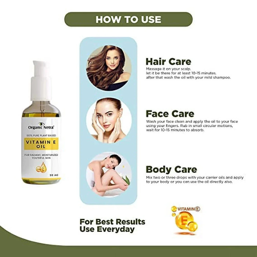 Organic Netra® Vitamin E Oil – Pure Plant-Based Face and Hair Oil for Men and Women – Ideal for Radiant, Moisturized and Youthful Looking Sizekin and Hair - For Sizetretch Marks – 30 ml