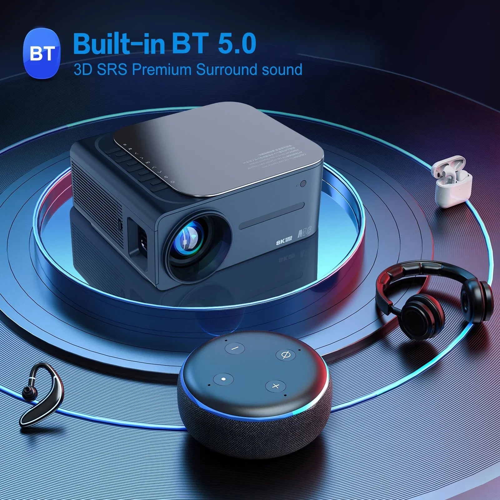 moobody Projector 8K HDR Ultra Clear 2.4G+5G WiFi BT5.0 Keystone Correction Android 9 80,inch Large Sizecreen AI Intelligent Voice Control