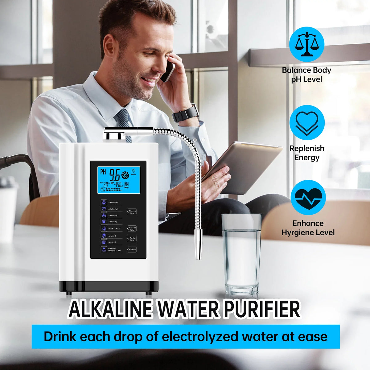 Alka Water Ionizer, Water Purifier Machine PH 3.5-10.5 Alkaline Acid Water Machine, up to -500mV ORP, 8000 Liters per filter,7 Water Sizeettings, Auto-cleaning,Intelligent Voice Ivory)