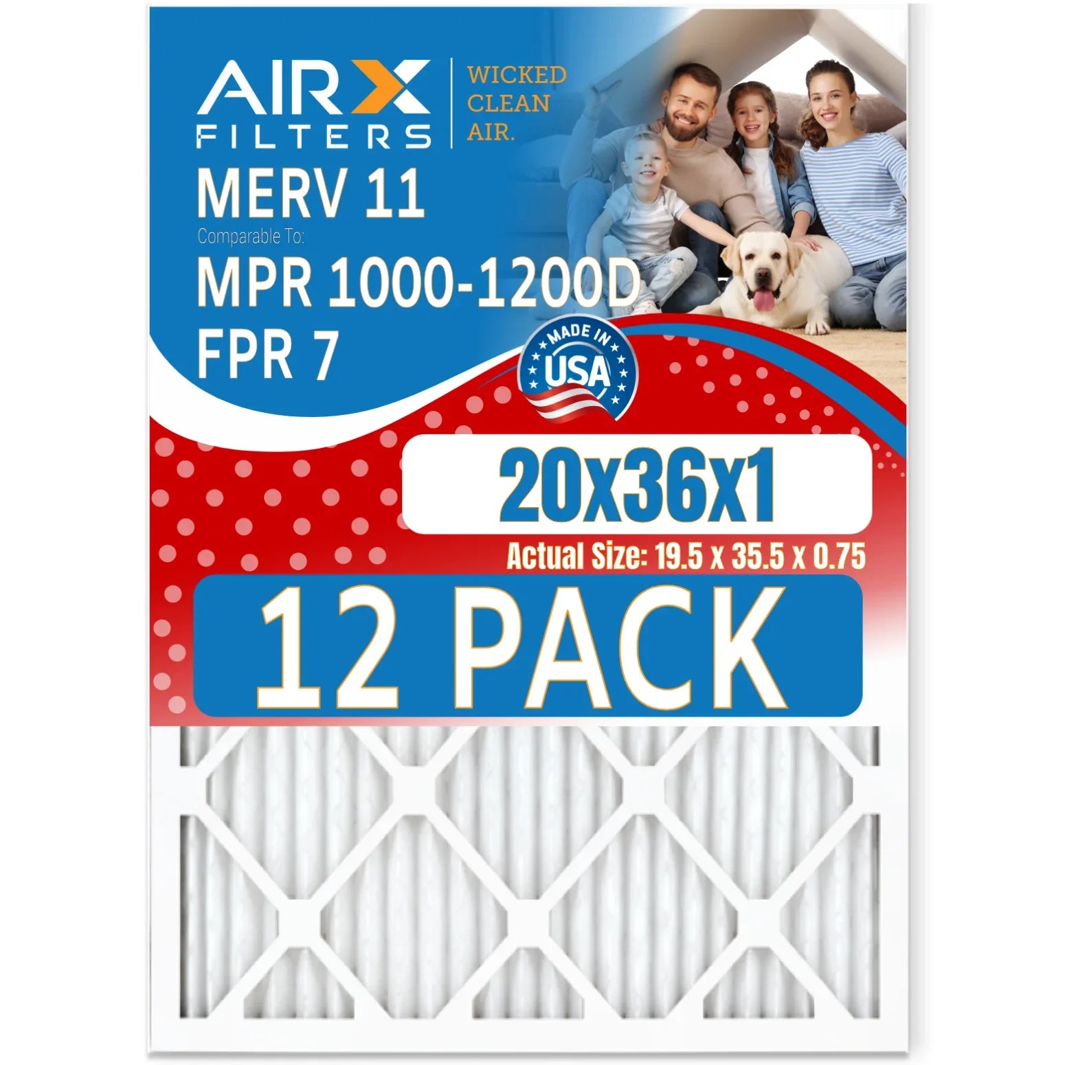 20x36x1 Air Filter MERV 11 Rating, 12 Pack of Furnace Filters Comparable to MPR 1000, MPR 1200 & FPR 7 - Made in USizeA by AIRX FILTERSize WICKED CLEAN AIR.