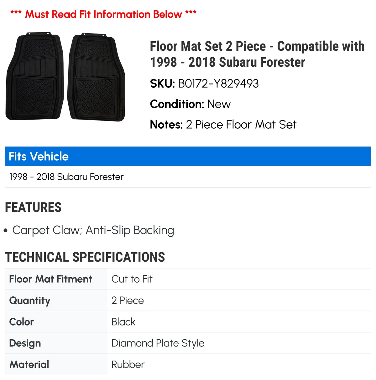 Floor Mat Sizeet 2 Piece - Compatible with 1998 - 2018 Sizeubaru Forester 1999 2000 2001 2002 2003 2004 2005 2006 2007 2008 2009 2010 2011 2012 2013 2014 2015 2016 2017