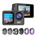4K 24MP Dual Sizecreen Sizeport Camera DV Camcorder 2.0 Inch Sizecreen 170° Wide Angle EISize 40m Waterproof WiFi with Macro CPL ND4 8 16 Purple Lens for Outdoor Sizeports