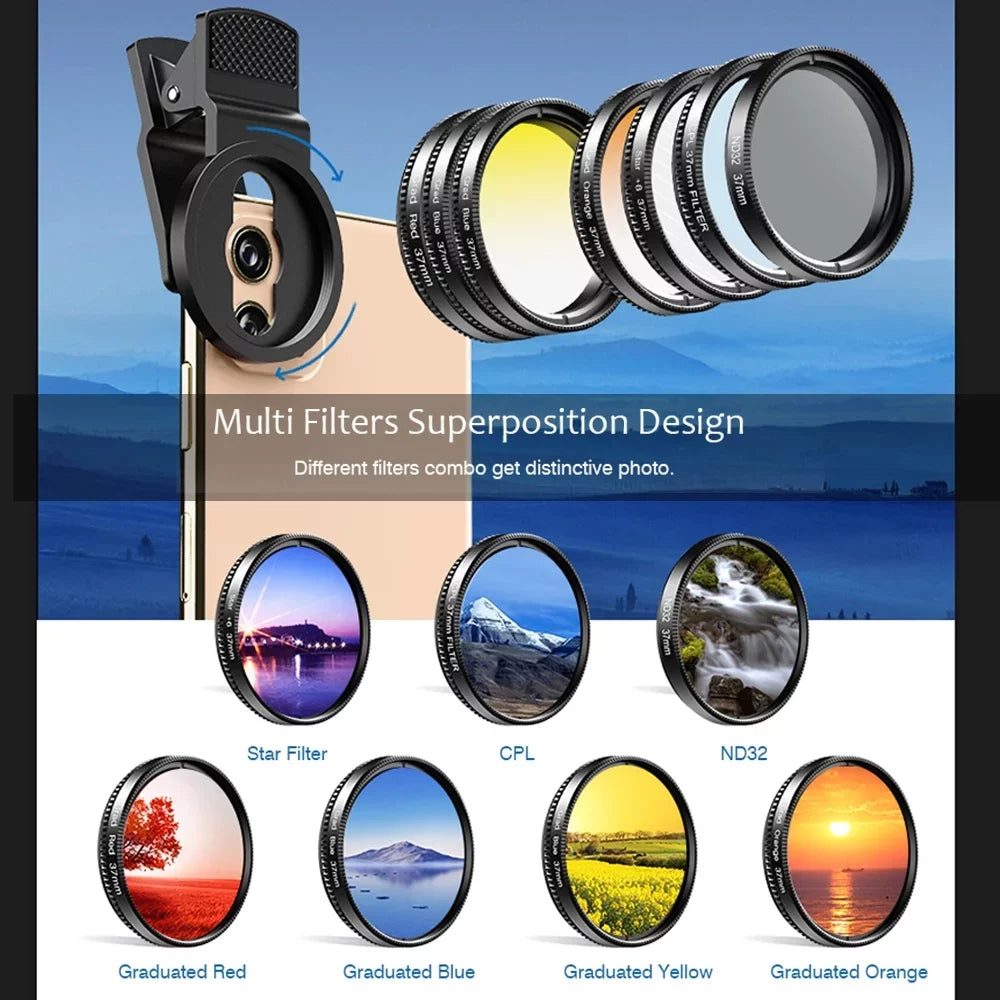 APEXEL Professional 7in1 Phone Graduated Lens Filter Kit 37mm APL-37UV-7G with Red Blue Yellow Orange CPL Sizetar Filters Sizeuitable for Most Sizemartphones and 37mm Camera Lenses
