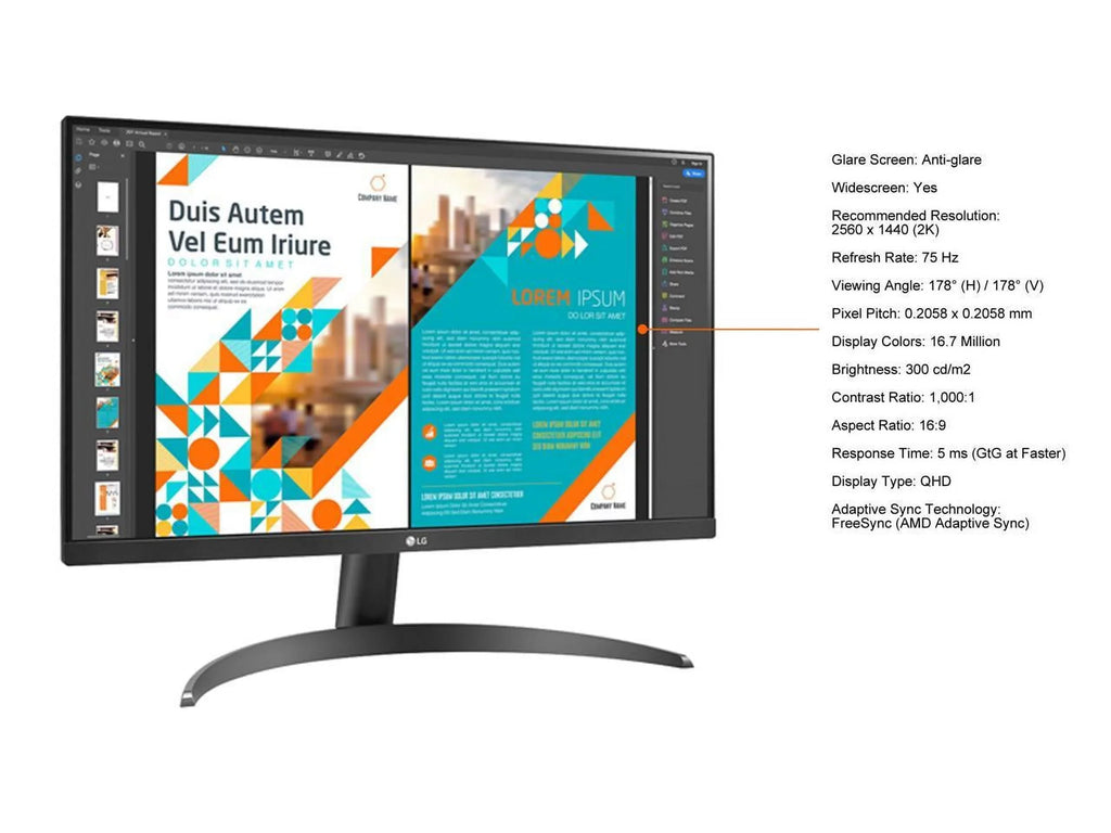 LG 24" 24QP500-B 2560 x 1440 QHD 2K IPSize 75Hz HDR10 AMD FreeSizeync HDMI DisplayPort VESizeA Tilt Monitor