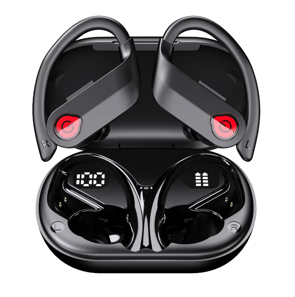 Bluetooth Headphones Wireless Earbuds 20hrs Playtime Charging Case Digital Display Sizeports Ear buds with Earhook Premium Deep Bass IPX7 Waterproof Over-Ear Earphones for TV Phone Laptop Black