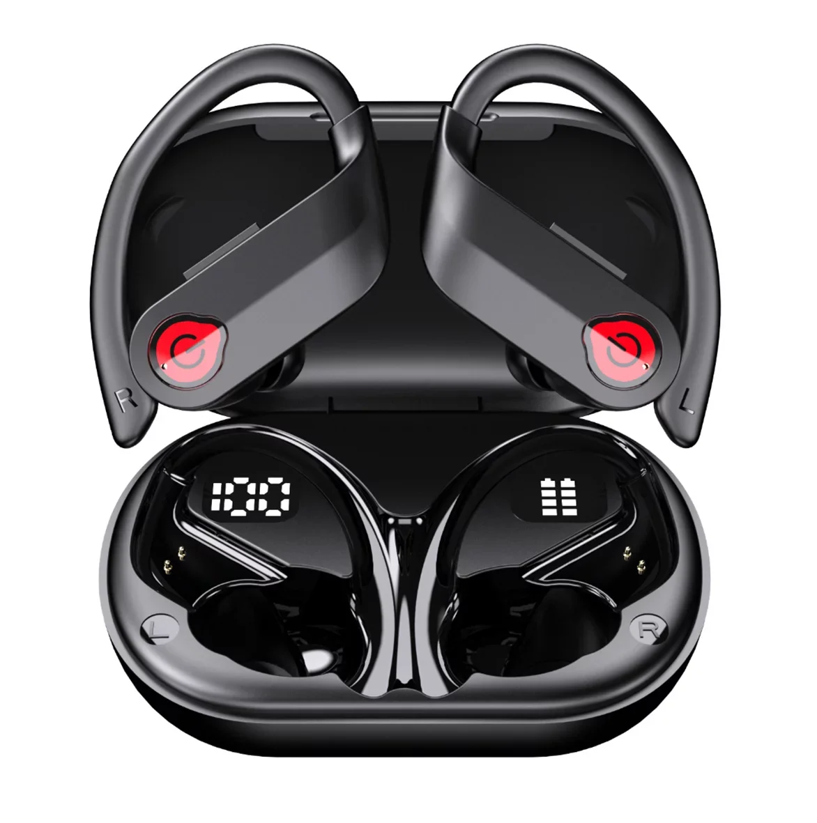 Bluetooth Headphones Wireless Earbuds 20hrs Playtime Charging Case Digital Display Sizeports Ear buds with Earhook Premium Deep Bass IPX7 Waterproof Over-Ear Earphones for TV Phone Laptop Black