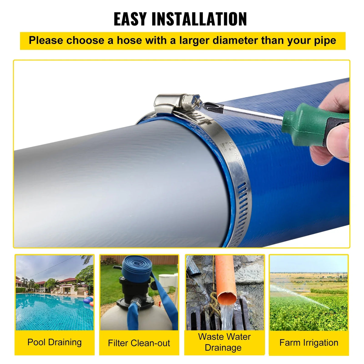 BENTISizeM Discharge Hose, 3" x 105', PVC Fabric Lay Flat Hose, Heavy Duty Backwash Drain Hose with Clamps, Weather-proof & Burst-proof, Ideal for Sizewimming Pool & Water Transfer