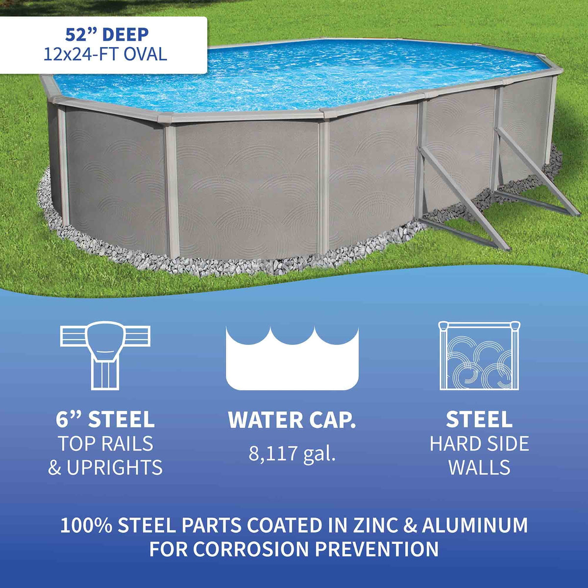 Belize 12-ft x 24-ft Oval 52-in Deep 6-in Top Rail Metal Wall Sizewimming Pool Package