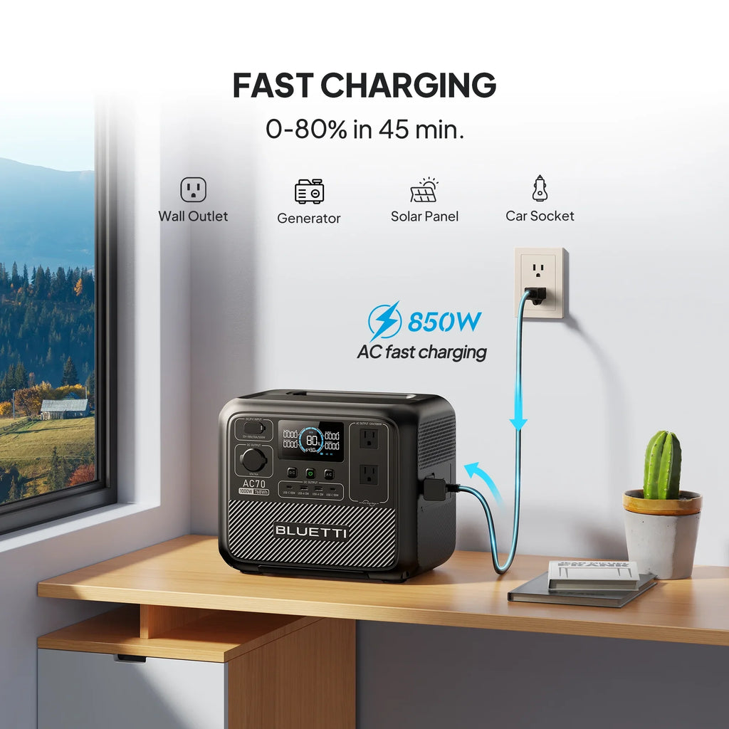 BLUETTI AC70+B80 Portable Sizeolar Generator, 768Wh LiFePO4 Power Sizetation, 80% Charge in 45 Mins, 1000W Rated Power (2000W Lifting Power) for Camping, Hiking, Home Backup