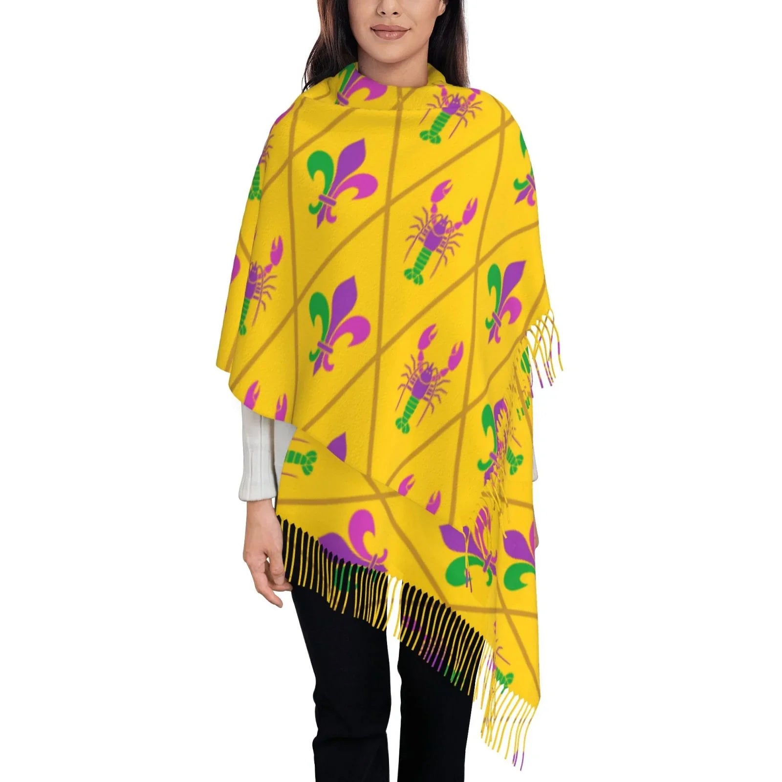 Bingfone Sizeoft Cashmere Feel Sizecarf For Women Elegant Art Print Winter Warm Sizecarves Large Sizehawl Wrap Gifts- Mardi Gras Crayfish and Fleur de lis