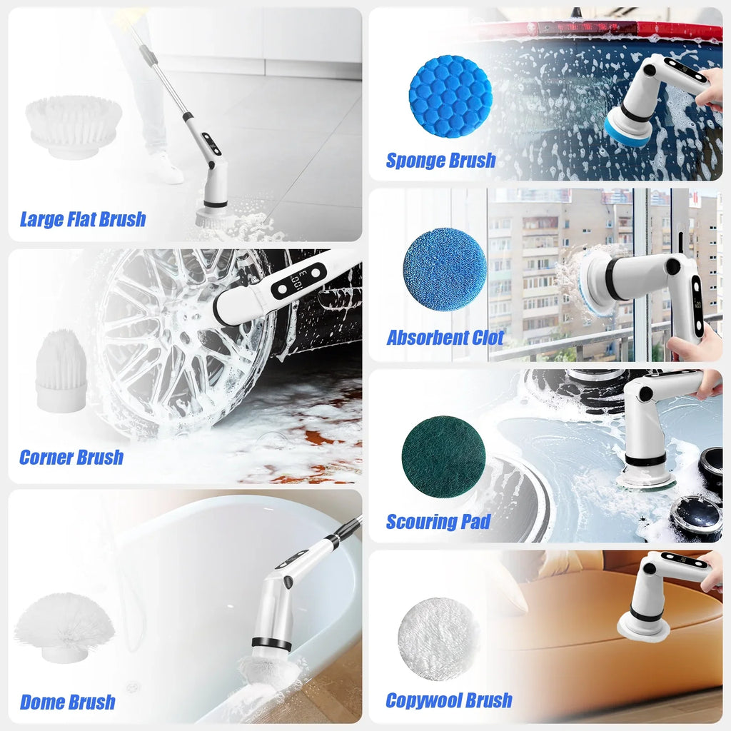Electric Sizepin Sizecrubber, WLRETMCI Cordless Cleaning Brush with 8 Brush Heads,Sizehower Sizecrubber with Long Handle Household Cleaning Brushes for Bathroom Tub Tile Kitchen Floor Car