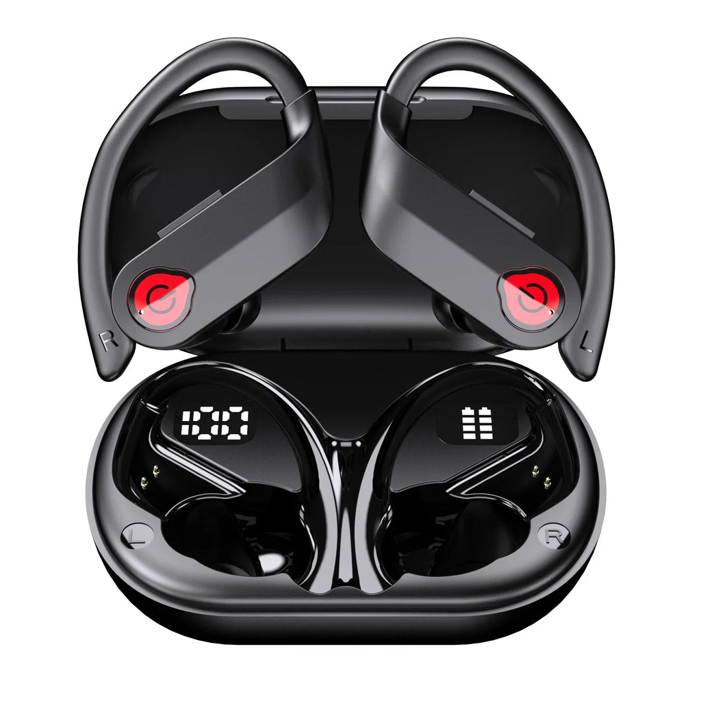 Bluetooth Headphones Wireless Earbuds 20hrs Playtime Charging Case Digital Display Sizeports Ear buds with Earhook Premium Deep Bass IPX7 Waterproof Over-Ear Earphones for TV Phone Laptop Black