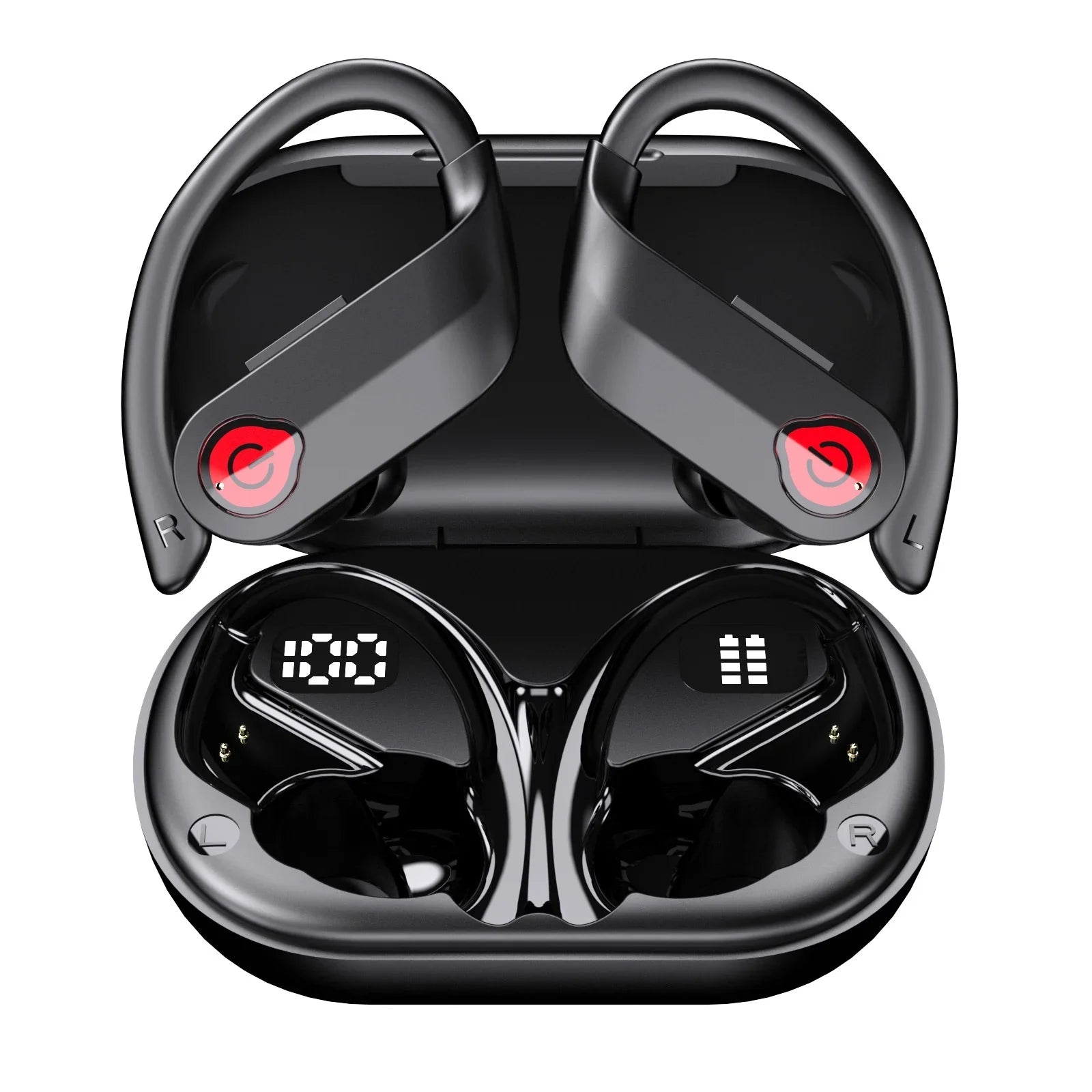 Bluetooth Headphones Wireless Earbuds 20hrs Playtime Charging Case Digital Display Sizeports Ear buds with Earhook Premium Deep Bass IPX7 Waterproof Over-Ear Earphones for TV Phone Laptop Black