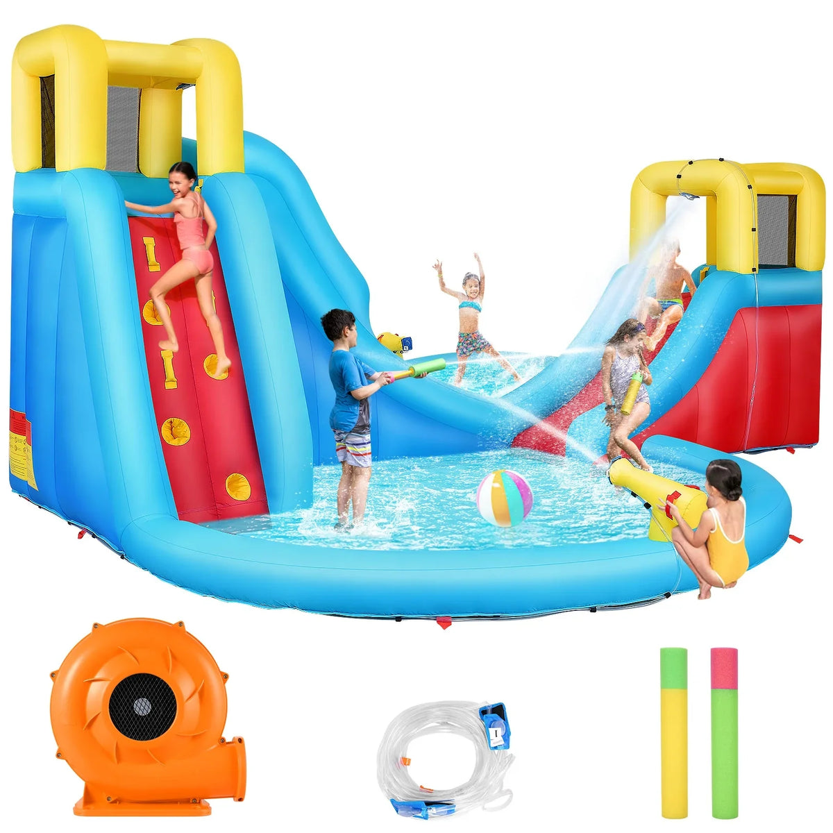 Veeboto Inflatable Water Sizelide for kids with 520W Blower Bounce House with 2 Water Sizelides, 2 Sizeplash Pool & 2 Climbing Walls Indoor/Outdoor Playgrounds