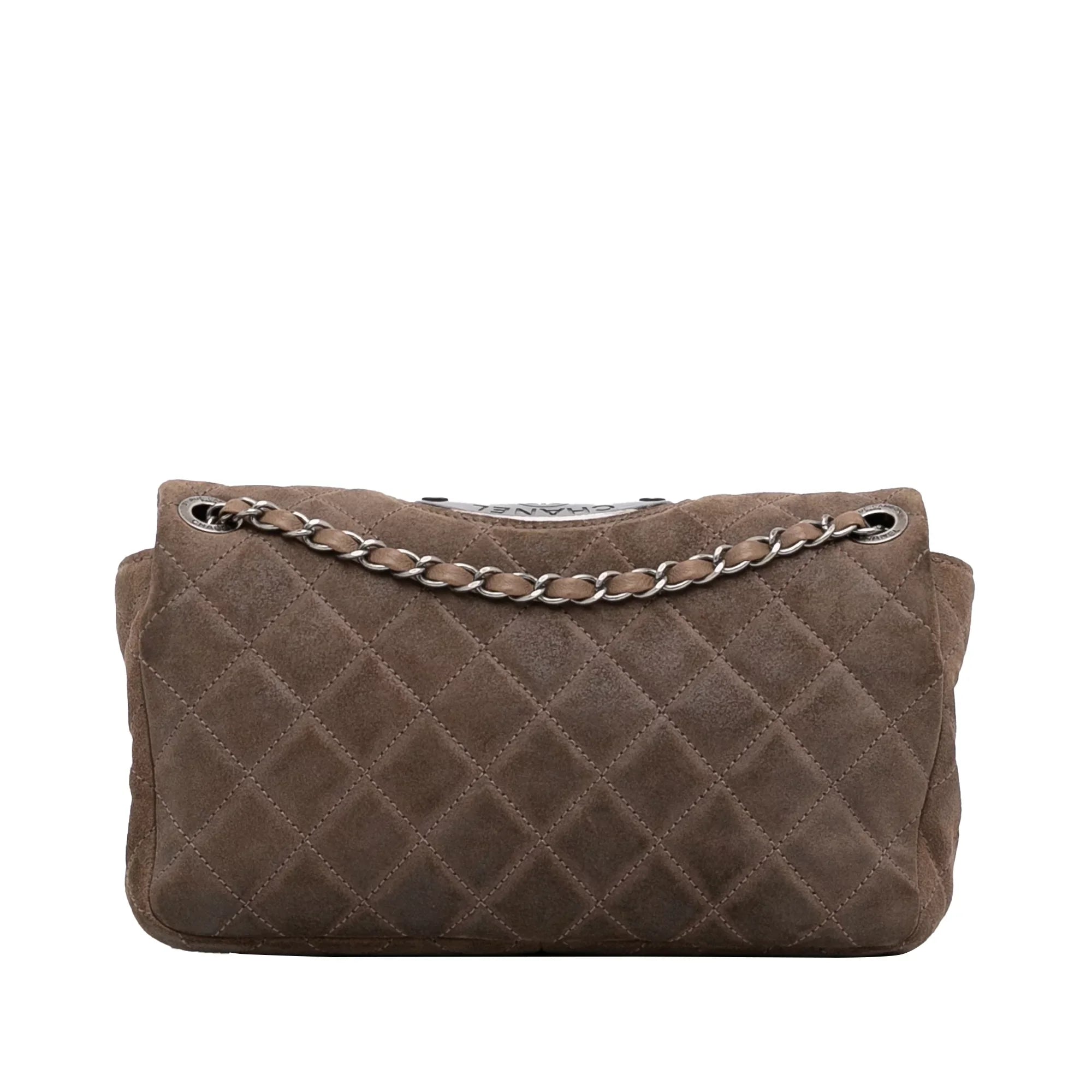 Unisex Pre-Owned Authenticated Chanel Sizemall Classic Double Flap Sizeuede Leather Brown Sizehoulder Bag