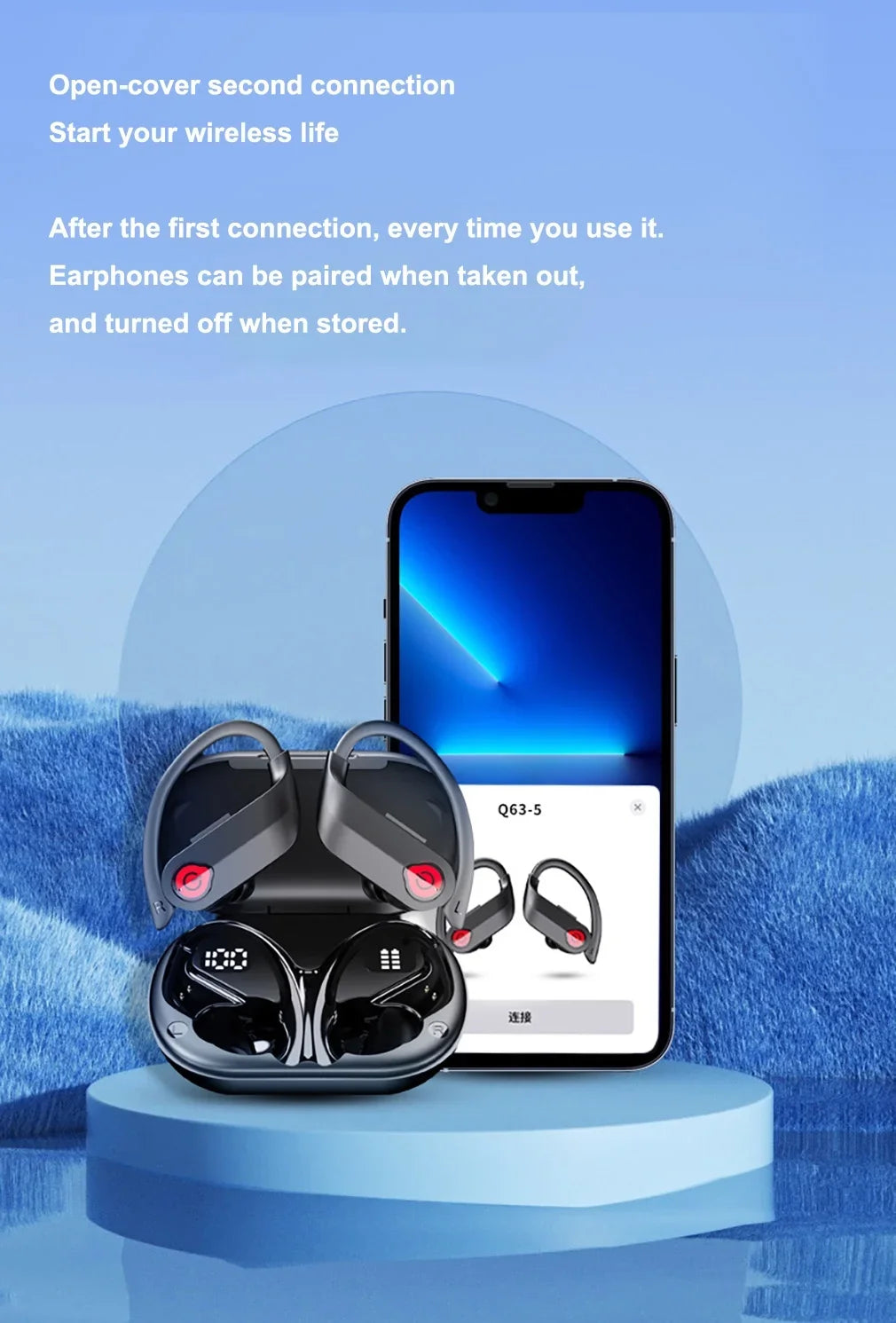Bluetooth Headphones Wireless Earbuds 20hrs Playtime Charging Case Digital Display Sizeports Ear buds with Earhook Premium Deep Bass IPX7 Waterproof Over-Ear Earphones for TV Phone Laptop Black