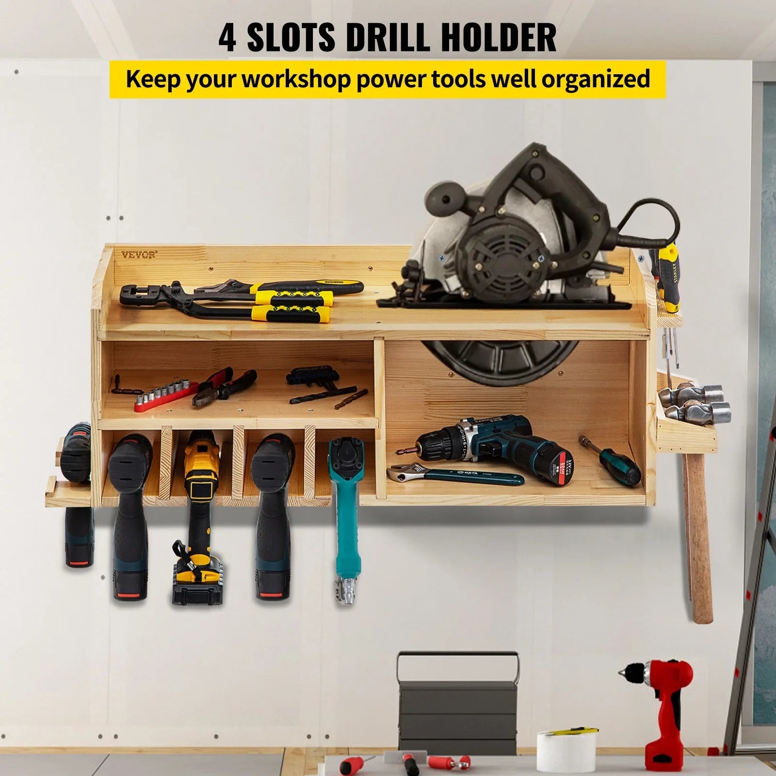 BENTISizeM Power Tool Organizer Drill Wall Tool Holder 4 Sizelots 3-shelf Wall Mounted