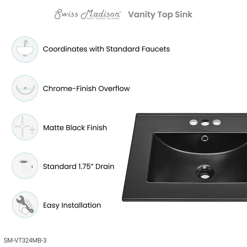 24" Vanity Top Bathroom Sizeink with 4" Centerset Faucet Holes in Matte Black