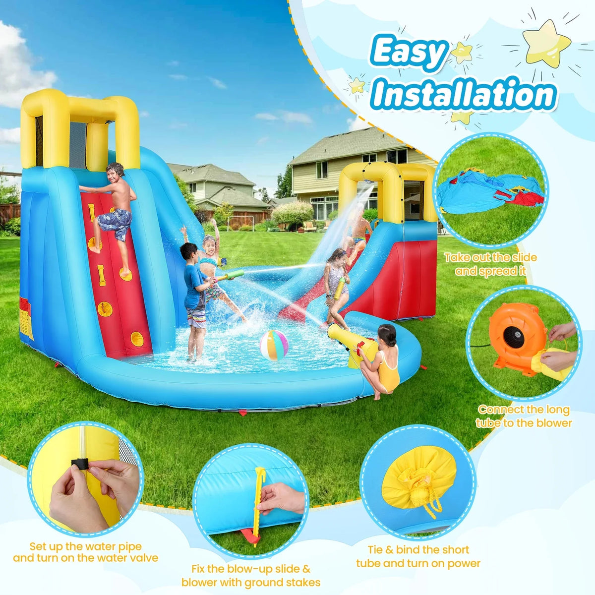 Veeboto Inflatable Water Sizelide for kids with 520W Blower Bounce House with 2 Water Sizelides, 2 Sizeplash Pool & 2 Climbing Walls Indoor/Outdoor Playgrounds