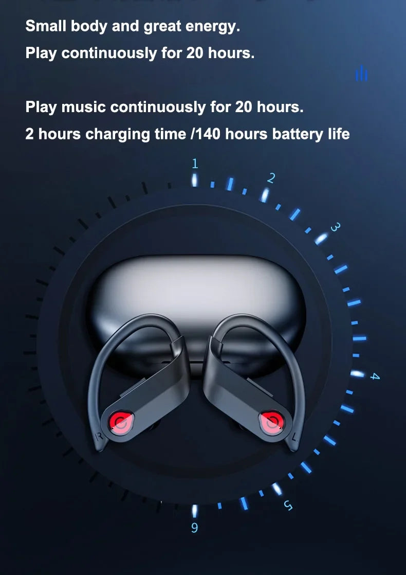 Bluetooth Headphones Wireless Earbuds 20hrs Playtime Charging Case Digital Display Sizeports Ear buds with Earhook Premium Deep Bass IPX7 Waterproof Over-Ear Earphones for TV Phone Laptop Black