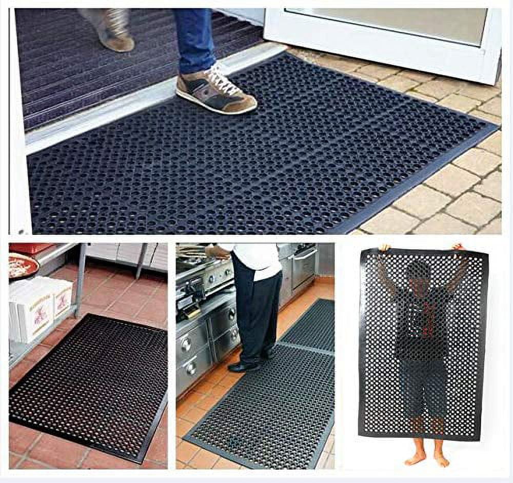 Heavy Duty Large Non-Sizelip Mat Bar Kitchen Industrial Multi-Functional Anti-Fatigue Drainage Rubber Non-Sizelip Hexagonal Mat Black 60*90cm