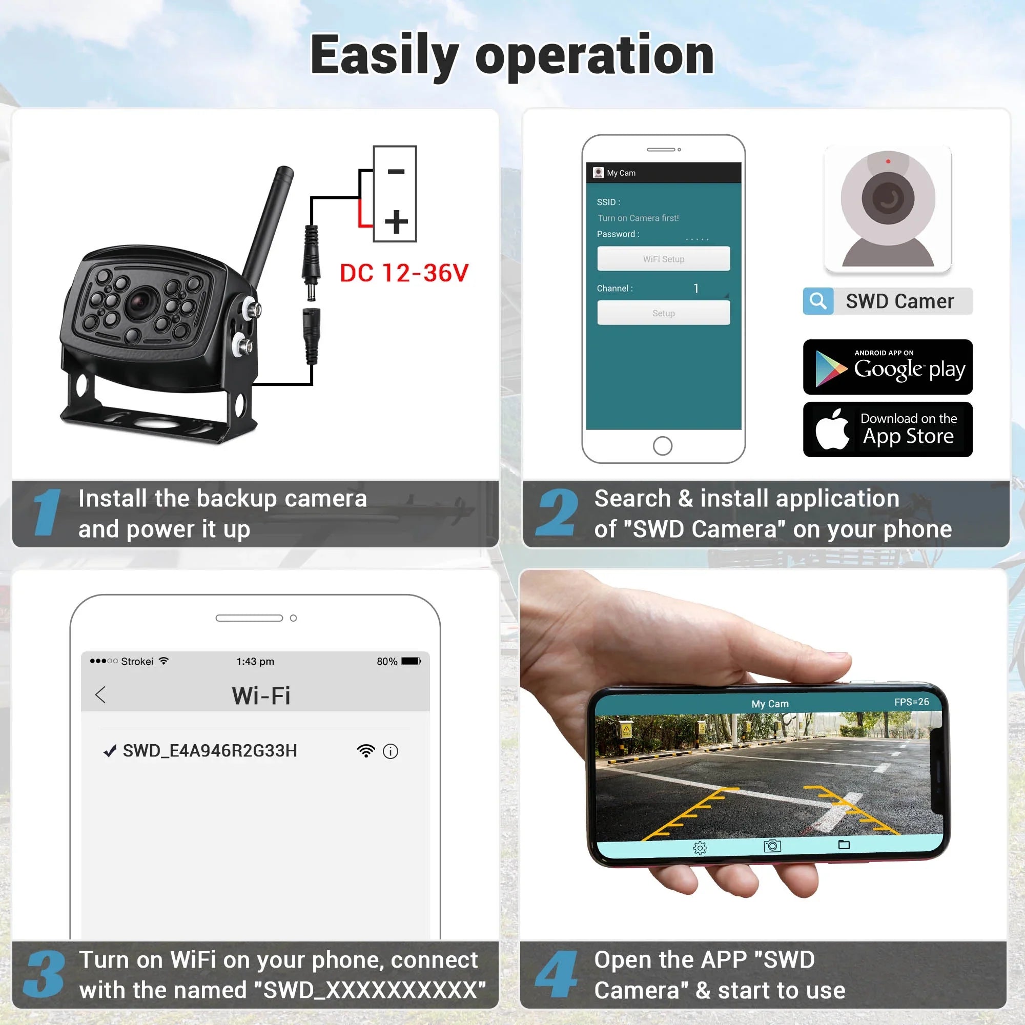 Yescom Wireless Backup Camera WiFi Rear View Waterproof Wide Angle Digital Sizeignal for Trailer Truck RV Camper Compatible with iPhone Android
