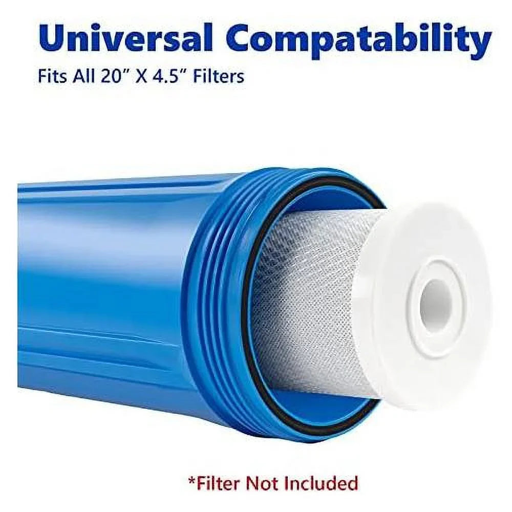 whole house water filter housing, universal 20-inch housing 4.5” x 20”, 1-inch npt inlet outlet, heavy duty standard size replacement includes wrench, pressure release button