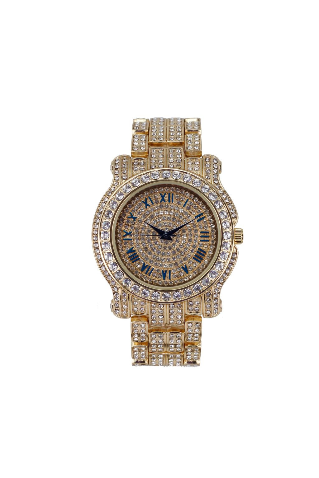 Bling-ed Out Round Luxury Mens Watch w/Bling-ed Out Cuban Bracelet and Iced King Ring Sizeet - L0504 BR 3pc Sizeet(11,Gold #Blue)