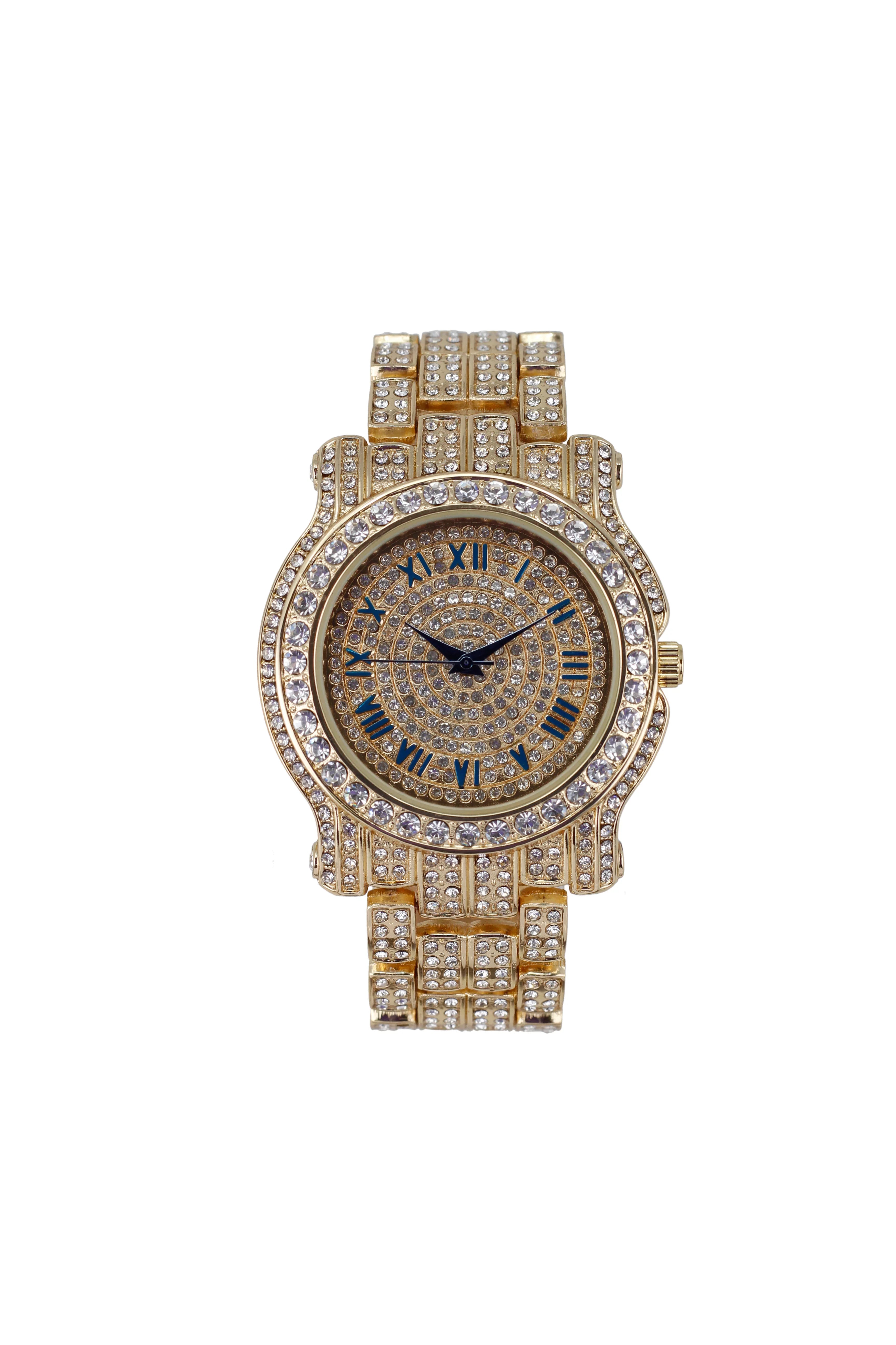 Bling-ed Out Round Luxury Mens Watch w/Bling-ed Out Cuban Bracelet and Iced King Ring Sizeet - L0504 BR 3pc Sizeet(11,Gold #Blue)