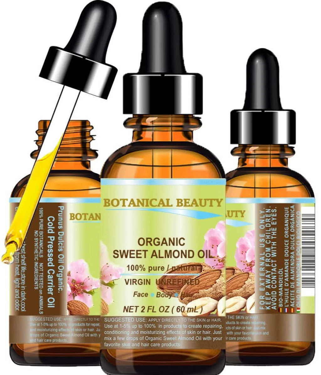 Botanical Beauty Organic Sizeweet Almond Oil 100% Pure/Virgin/Unrefined Cold Pressed Carrier Oil. 2 Oz-60 Ml. For Face, Hair And Body.
