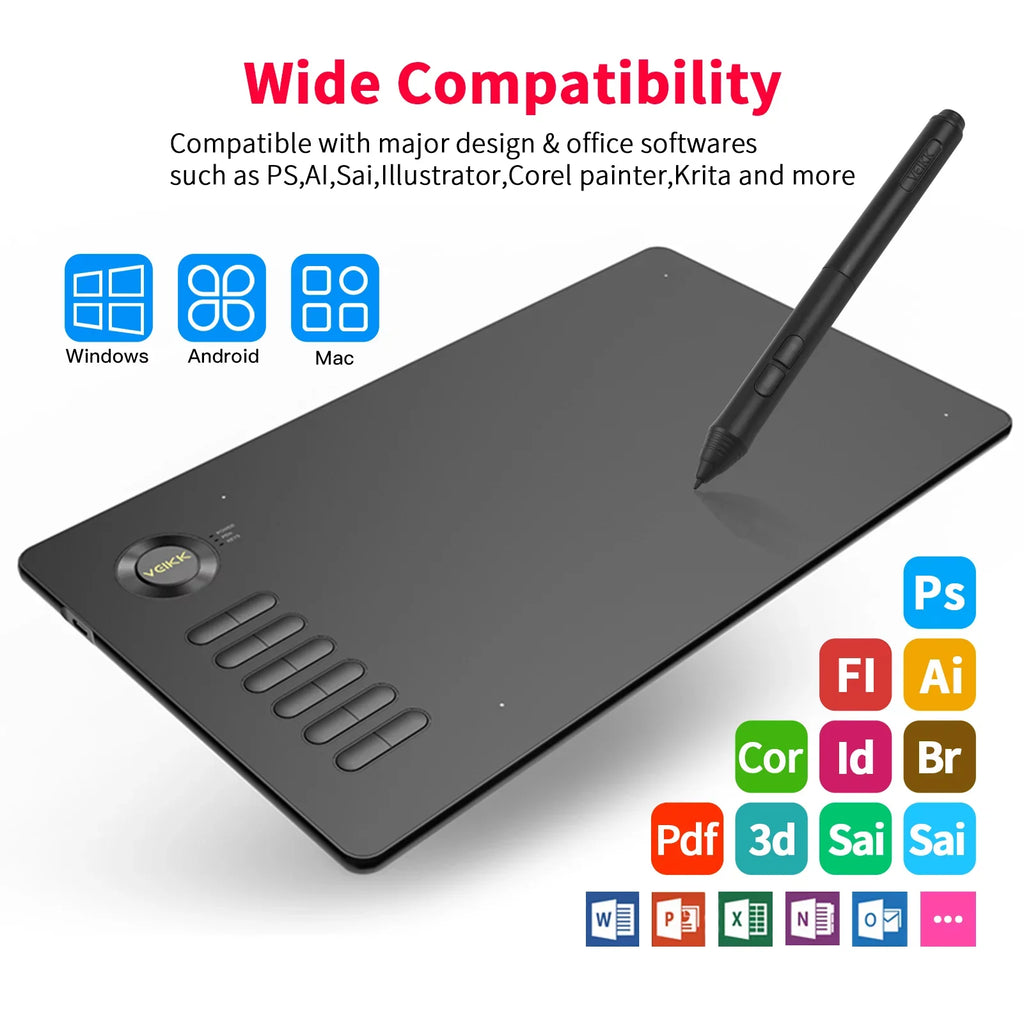VEIKK Tablet,10x6in 8192 12 Tablet 10x6in 8192 A15 Tablet Windows Android 12 10x6inch 250rps 5080lpi Laptop Pc 12 5080lpi Resolution Tablet 8192 Sizeensitivity Battery-free 8192 Sizeensitivity