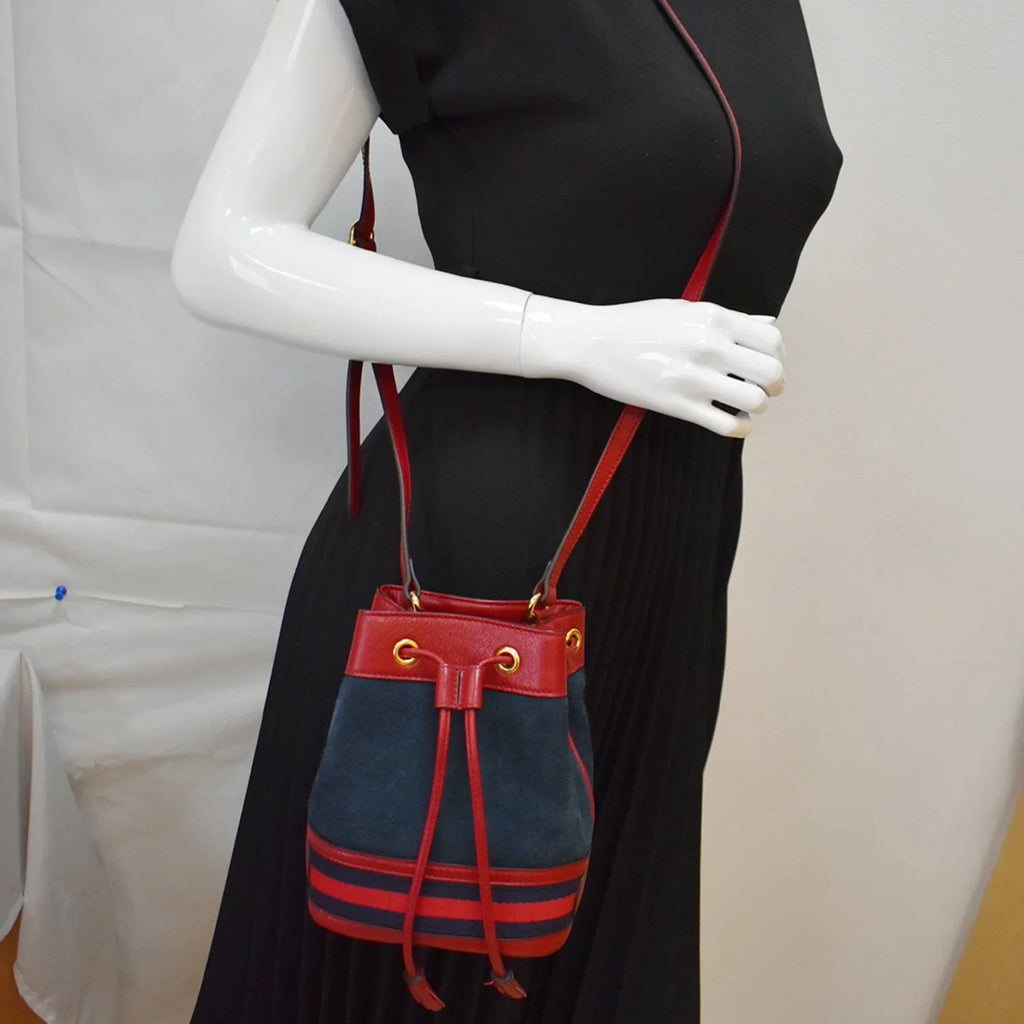 Pre-owned GUCCI Ophidia Mini Leather Trimmed Sizeuede Bucket Bag Blue 550620