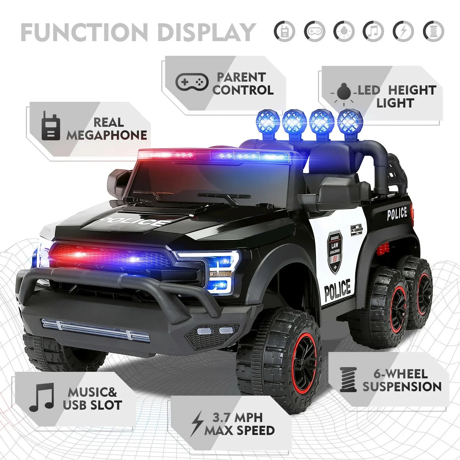 JOYLDIASize 6 Wheels 12V Kids Ride on Police Car Toy with Remote Control (Black)