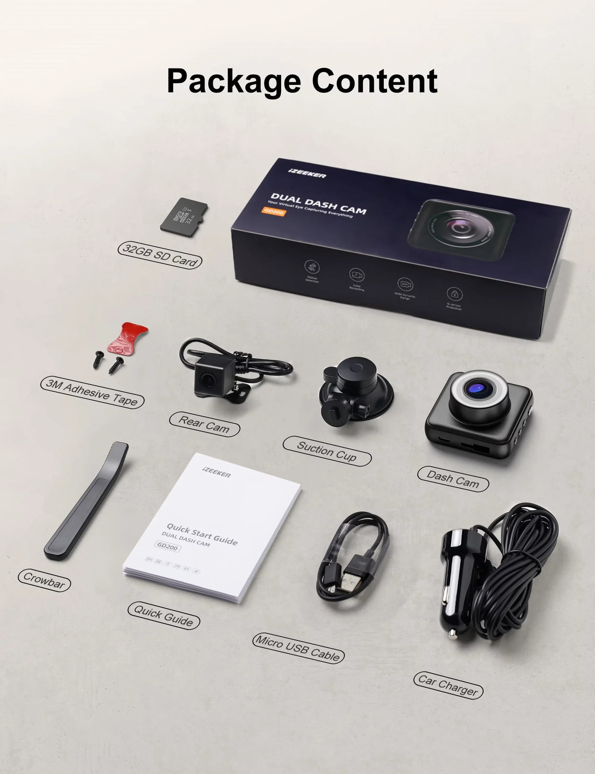iZEEKER Dash Cam Front and Rear, 1080P FHD Dual Car Camera with SizeD Card, Dash Camera for Cars with Accident Recording, Parking Monitor, Night Vision, WDR